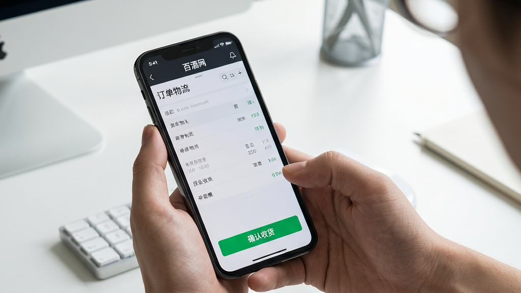 一张用户在使用百酒网APP的实拍图,主体是手机屏幕上显示订单物流详情和“确认收货”按钮,背景是简约的桌面。布局自然,风格真实,细节清晰,画质高清,无多余元素。