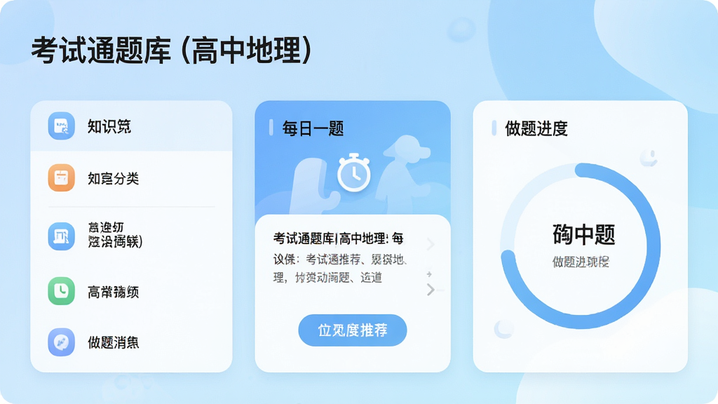 一张展示考试通题库(高中地理)主界面的高清截图,界面包含知识点分类列表、每日一题推荐卡片和做题进度环,背景为浅蓝色渐变,整体风格清新简洁,图标圆润清晰,画质干净无多余元素