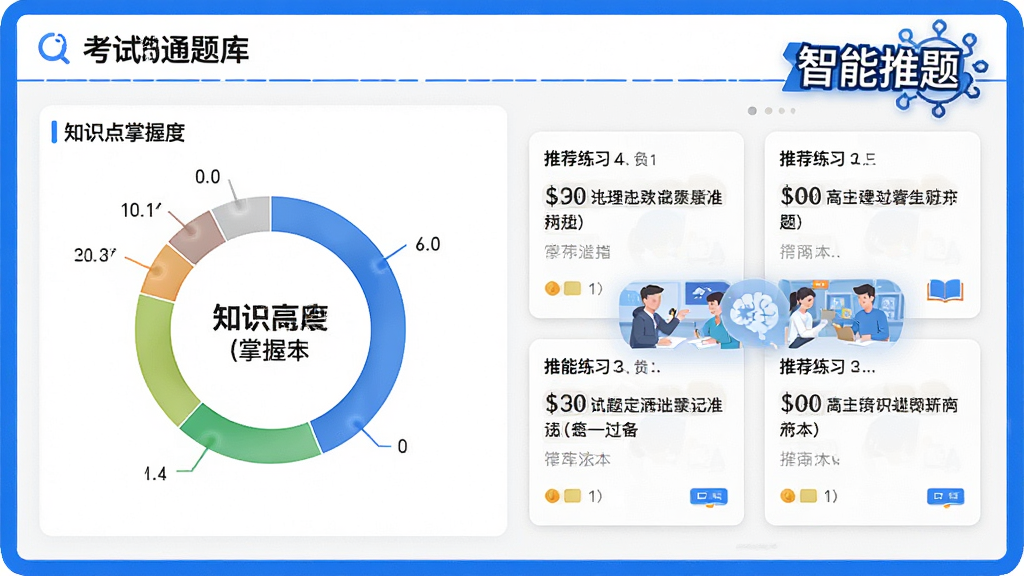 一张考试通题库(高中地理)智能错题本界面预览图,左侧显示知识点掌握度环形图,右侧列出推荐练习题卡片,配有“智能推题”文字标识,界面采用白底蓝边设计,排版整齐,画质清晰干净