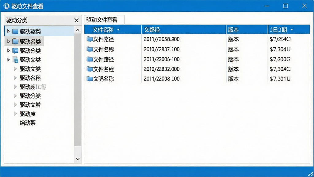 一张电脑屏幕截图,显示“驱动文件查看”软件主界面,左侧为驱动分类列表,右侧展示所选驱动的详细文件信息,包括文件名、路径、版本和日期,界面风格简洁清爽,蓝白配色,画质清晰,无多余元素