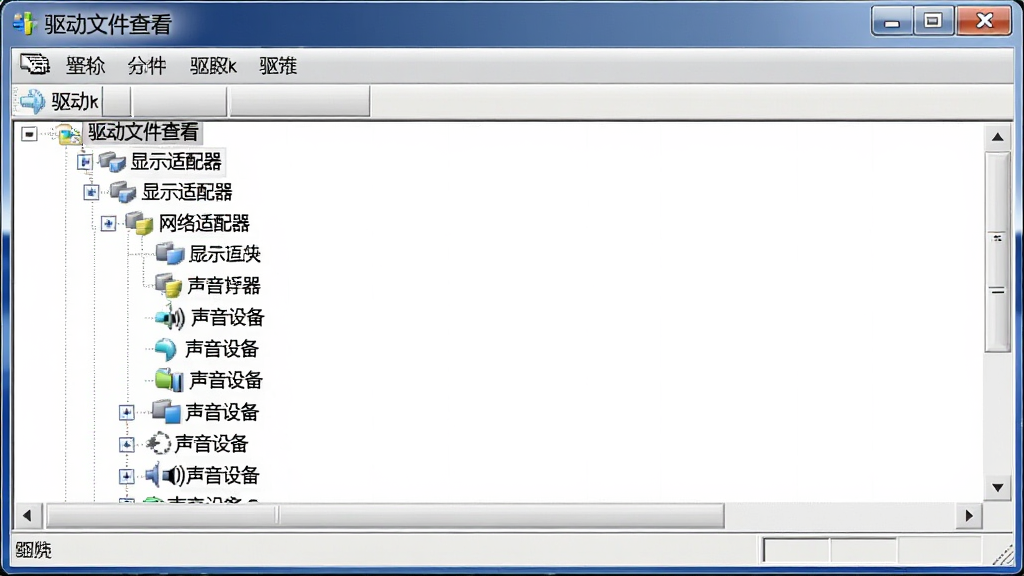 一张“驱动文件查看”软件截图,主窗口显示驱动树状列表,包含“显示适配器”、“网络适配器”、“声音设备”等分类,每个分类下展开多个驱动条目,界面采用Windows经典风格,信息排列整齐,画质清晰,干净无多余元素