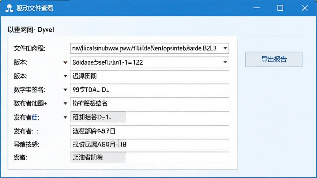 一张“驱动文件查看”软件截图,显示驱动详细信息面板,包含文件路径、版本号、数字签名、发布者等字段,旁边有一个“导出报告”按钮,界面以蓝白配色为主,画质清晰,干净无多余元素