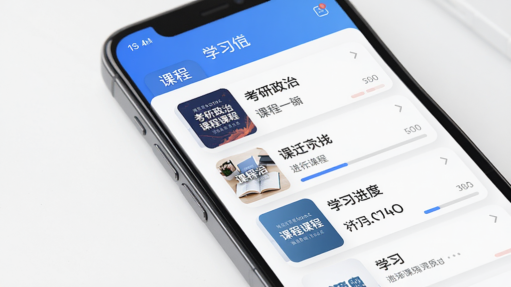 考研政治应用主界面,展示课程列表与学习进度,主体为手机屏幕界面,布局清晰,排版整齐,风格现代简约,细节包括课程封面与进度条,画质高清,干净无多余元素