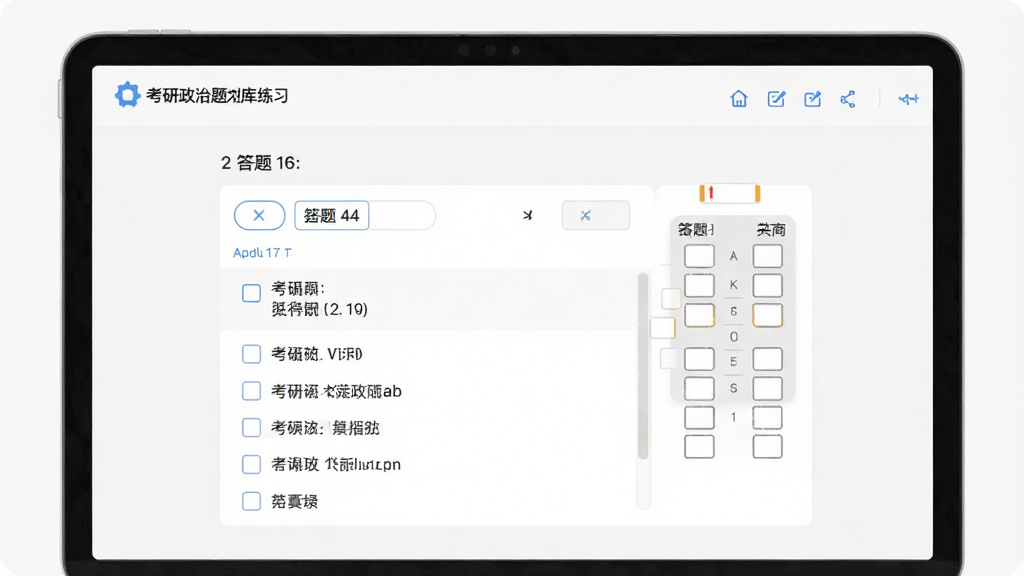 考研政治题库练习页面,主体为答题界面与选项,布局居中,排版舒适,风格简洁,细节包括题目编号与答题卡,画质高清,干净无多余元素