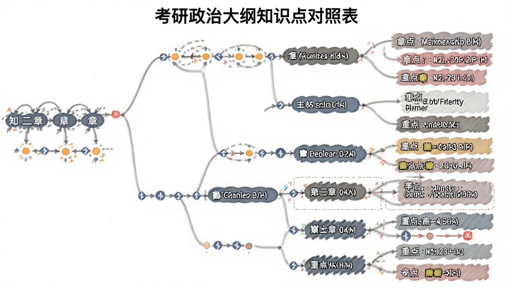 考研政治大纲知识点对照表,主体为知识树状图,布局层级分明,排版有序,风格专业,细节包括章节节点与重点标记,画质高清,干净无多余元素
