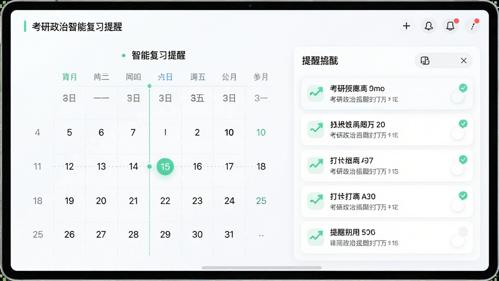 考研政治智能复习提醒界面,主体为日历与提醒列表,布局简洁,排版清晰,风格清新,细节包括时间轴与打卡标记,画质高清,干净无多余元素