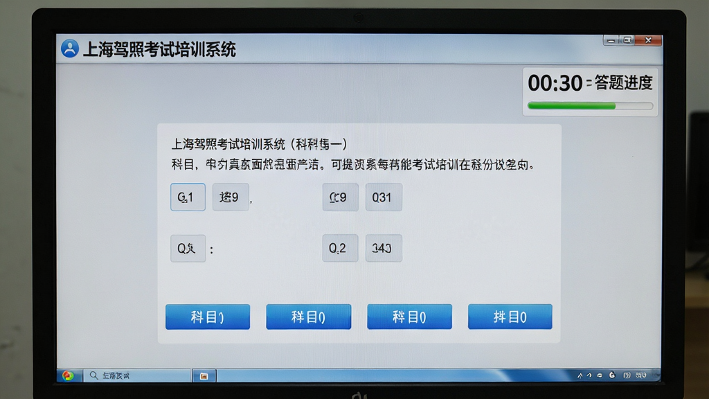 图片主体为“上海驾照考试培训系统”全真模拟考试界面,屏幕中央显示一道科目一选择题,下方有四个选项按钮,右上角有倒计时与答题进度条,界面风格与真实考试系统一致,采用浅灰色背景,字体清晰。布局为电脑屏幕截图,画质高清,细节精准,无多余元素。