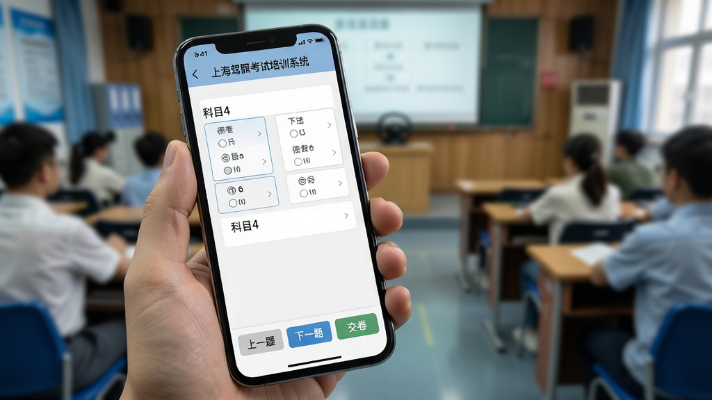 画面主体为“上海驾照考试培训系统”移动端使用场景,手机屏幕显示科目四多选题练习界面,背景为模拟考场环境,手机下方有“上一题”“下一题”“交卷”按钮。布局为手持手机特写,画面清晰,画质高清,细节丰富,无多余元素。