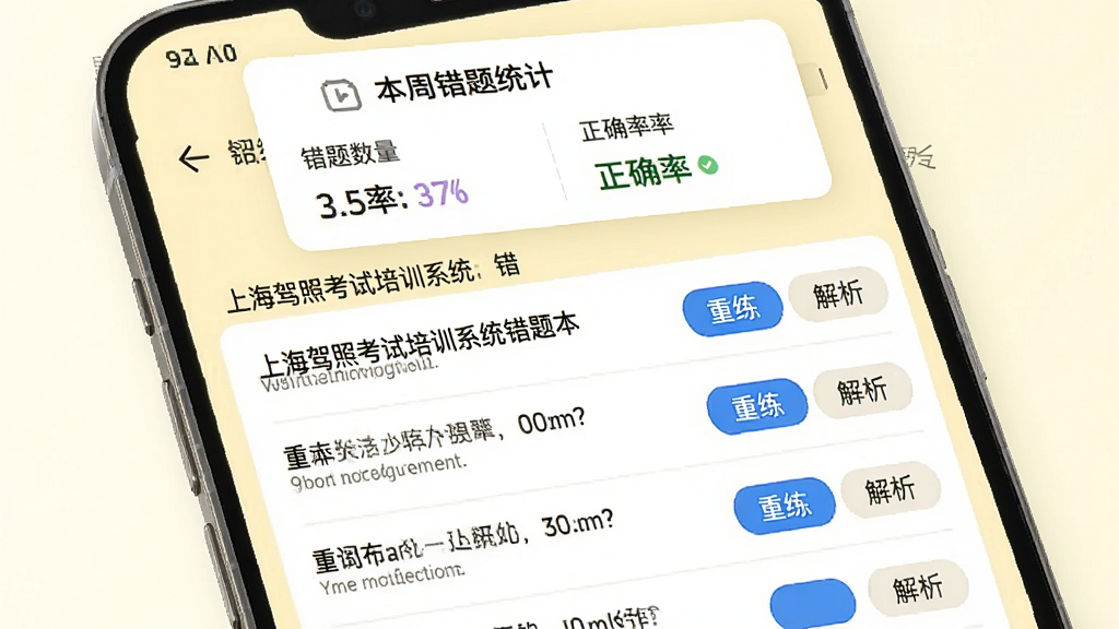 画面主体为“上海驾照考试培训系统”错题本页面,页面以列表形式展示错题,每道题后面有“重练”“解析”按钮,背景为淡黄色,顶部有“本周错题统计”卡片,显示错题数量与正确率。排版为手机竖屏截图,界面简洁,画质高清,文字清晰,无多余元素。