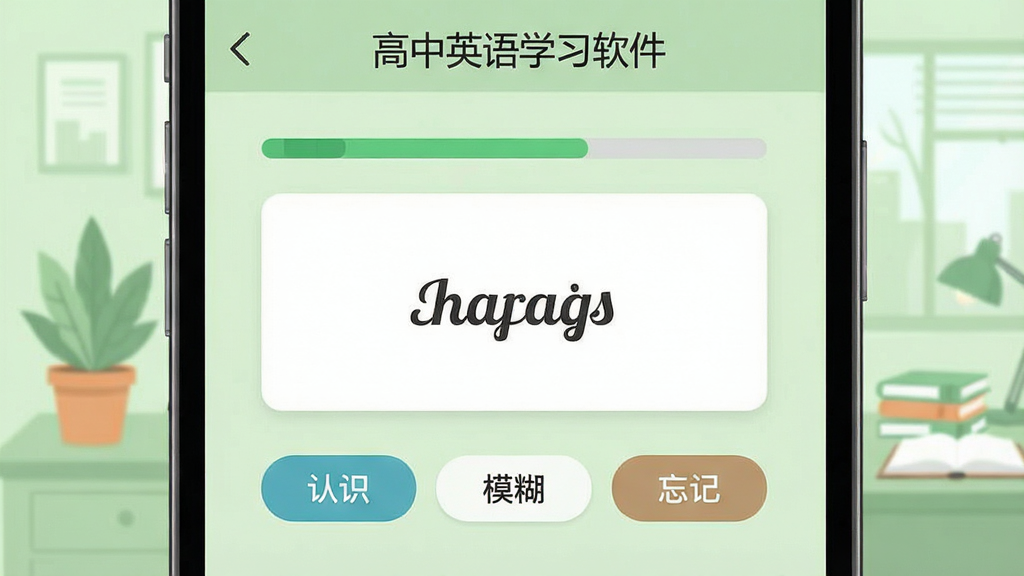 �ֻ���Ļչʾ������Ӣ��ѧϰ�������ĵ��ʼ�����棬�����ǵ��ʿ�Ƭ���·��С���ʶ����ģ���������ǡ�������ť������Ϊ����ɫѧϰ��������Ƭ�Ϸ��н������������Ű���У���ƽ��UI���ϸ�����������ʸɾ����޶���Ԫ��