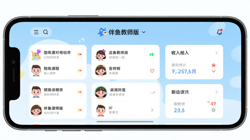 展示伴鱼教师版APP在手机上的主界面,界面简洁明亮,顶部有“伴鱼教师版”字样,中间有清晰的陪练课程列表和收入统计卡片,背景是浅蓝色渐变,整体风格现代扁平化,画质高清,无多余元素