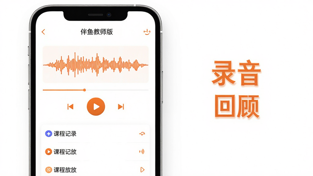 展示伴鱼教师版录音回放界面,手机屏幕上有音频波形图和播放控制按钮,下方有课程记录列表,背景为简约白色,配以橙色点缀,突出“录音”和“回顾”主题,画面干净直观,画质高清,无多余元素