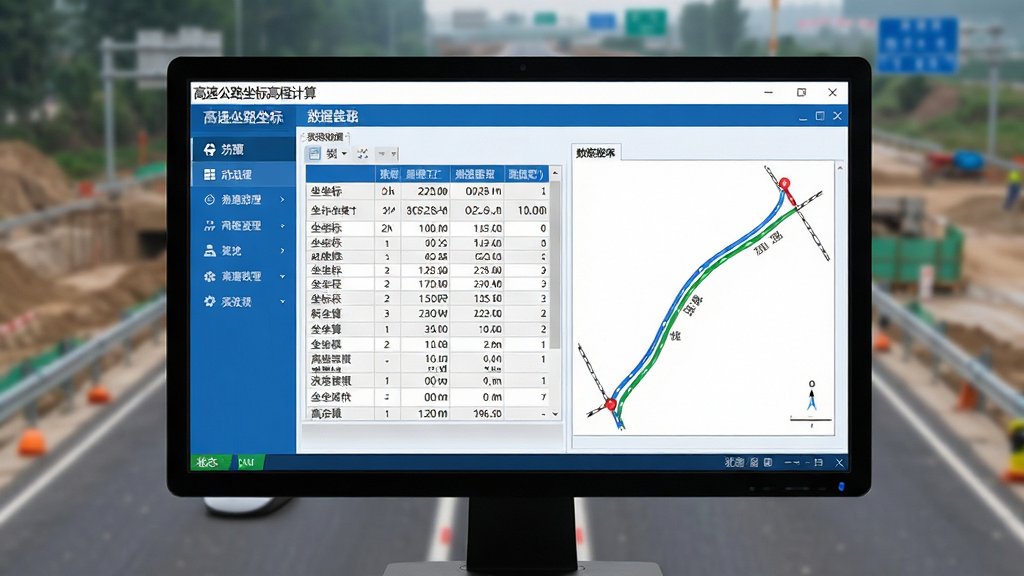 主体:高速公路坐标高程计算软件界面在电脑屏幕上的显示,界面清晰展示坐标计算表格和路线示意图;布局:左侧为功能菜单栏,右侧为数据展示区,底部为状态栏;排版:简洁的软件界面布局,数据表格对齐整齐;风格:专业工程软件风格,蓝白配色,现代感;细节:屏幕上显示“高速公路坐标高程计算”字样和部分计算数据,背景为模糊的公路施工现场;画质:超高清,干净,无多余元素
