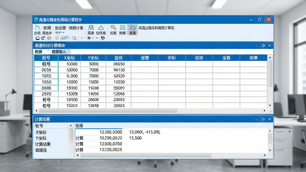 主体:软件运行截图,展示高速公路坐标高程计算软件主界面,高亮显示坐标计算模块;布局:上方为菜单工具栏,中间为数据输入表格,下方为计算结果输出区;排版:清晰的表格数据排列,带有滚动条;风格:专业工程软件风格,蓝白配色,现代感;细节:表格中显示“桩号”、“X坐标”、“Y坐标”等列,结果区显示计算出的坐标值,背景为简洁的办公室环境;画质:超高清,干净,无多余元素