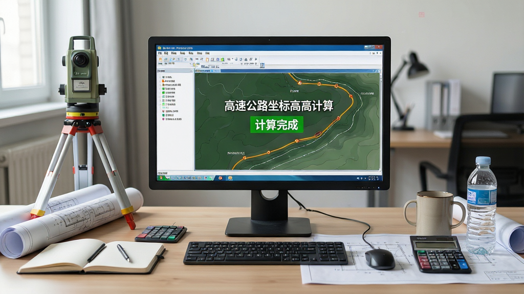 主体:电脑屏幕显示高速公路坐标高程计算软件运行界面,旁边放有测量仪器和图纸;布局:电脑位于桌面中央,周围有笔记本、计算器、水杯等物品;排版:整体画面整洁,电脑画面清晰可见;风格:写实摄影风格,自然光,办公室环境;细节:软件界面上显示“高速公路坐标高程计算”和“计算完成”字样,图纸上有路线图;画质:超高清,干净,无多余元素