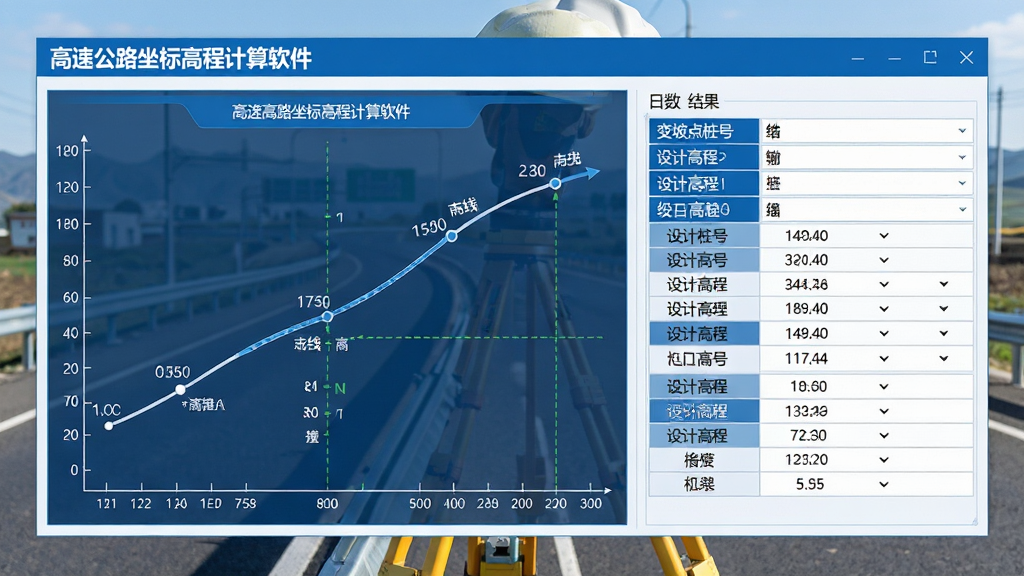主体:高速公路坐标高程计算软件的高程计算功能界面,显示竖曲线示意图和数据表格;布局:左侧为图形显示区域,右侧为参数输入和结果输出区域;排版:图形与表格并排,层次分明;风格:专业工程软件风格,蓝白配色,现代感;细节:图形中显示竖曲线元素,表格中列出“变坡点桩号”、“设计高程”等数据,背景为公路外业测量场景;画质:超高清,干净,无多余元素