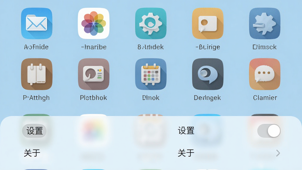 一个智能手机屏幕显示AutoHideDesktopIcons的移动端界面,背景为浅蓝色,图标排列整齐,有一个开关按钮,下方有“设置”“关于”等选项,风格简洁,画质高清,干净无多余元素