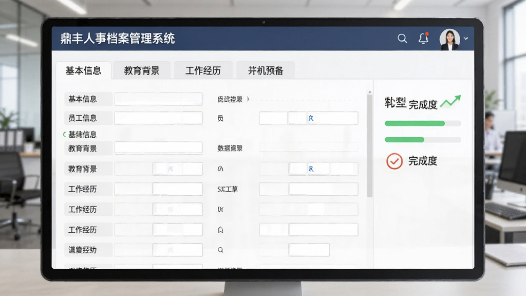 鼎丰人事档案管理系统档案管理功能预览图,展示员工信息录入表单界面,包括基本信息、教育背景、工作经历等多个选项卡,界面设计简洁明了,字段排列整齐,配有数据进度条和完成度提示,办公商务风格,画质清晰,无多余元素