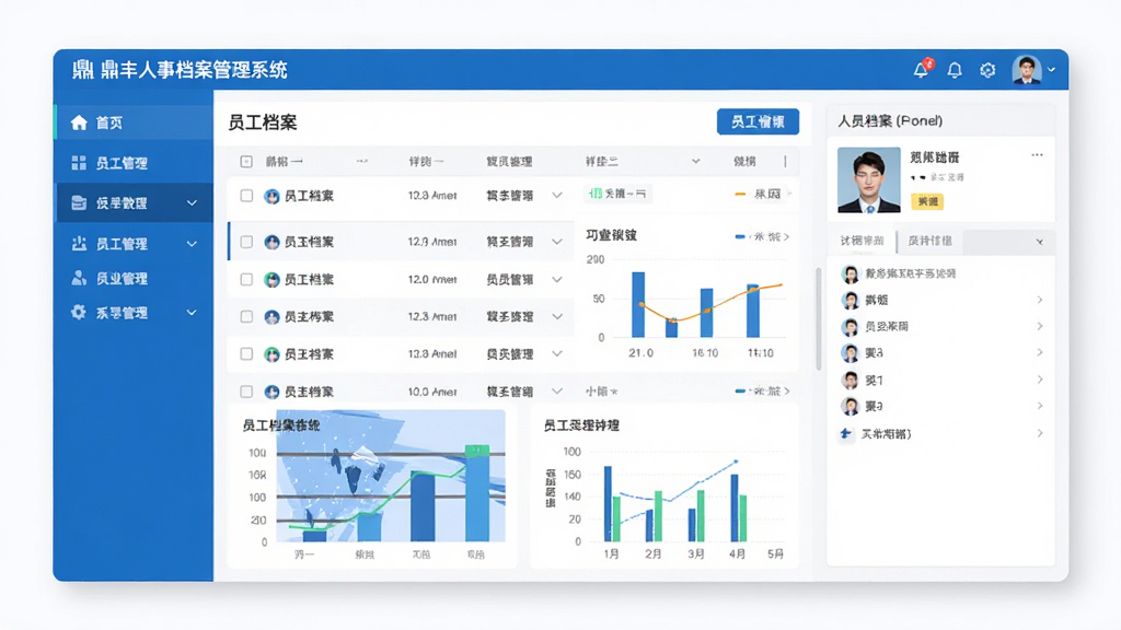 鼎丰人事档案管理系统核心界面展示图,现代扁平化设计风格,主色调为科技蓝,界面左侧为清晰的导航菜单,中间为员工档案列表,右侧为员工详细信息面板,整体布局简洁大气,数据可视化图表点缀其中,画面干净无多余元素,高清画质