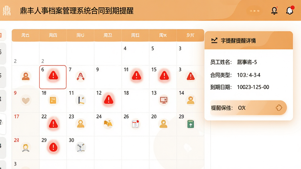 鼎丰人事档案管理系统合同到期提醒界面效果图,日历视图上醒目地标记着红色预警圆点,右侧弹出提醒详情卡片,包含员工姓名、合同类型、到期日期等关键信息,整体配色温馨,视觉重点突出,界面干净整洁,高清画质