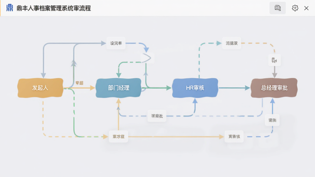 鼎丰人事档案管理系统审批流程设计器示意图,展示流程节点拖拽配置的界面,包括发起人、部门经理、HR审核、总经理审批等节点,用不同颜色的连线表示流转方向,界面采用柔和的浅灰色背景,线条流畅清晰,构图专业,画质干净