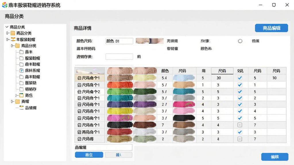 主体:鼎丰服装鞋帽进销存系统的商品编辑界面,布局:左侧为商品分类树,右侧为商品详情表单,包含颜色尺码矩阵表格。排版:表单字段排列整齐,颜色尺码矩阵以表格形式展示,有勾选标记。风格:清晰商务风格,浅灰色背景,蓝色按钮。细节:屏幕中显示“鼎丰服装鞋帽进销存系统”,颜色尺码表格中展示多种颜色和尺码选项。画质:高清,干净,无多余元素。