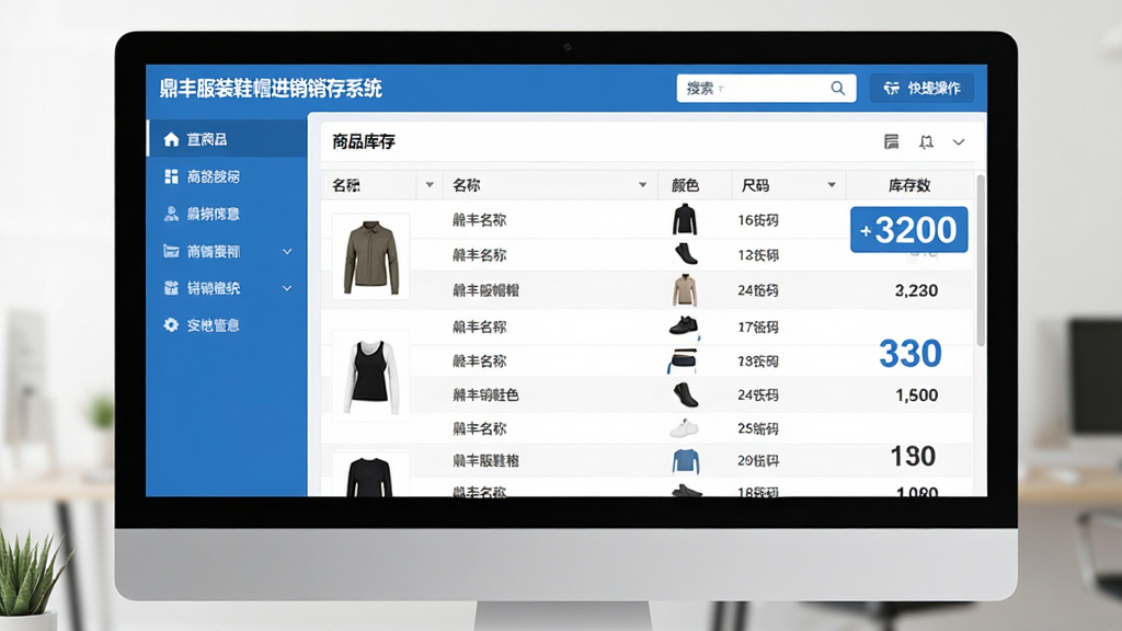 主体:鼎丰服装鞋帽进销存系统软件界面在电脑屏幕上的展示,布局:左侧功能导航栏清晰可见,右侧为商品库存列表,表格中显示商品图片、名称、颜色尺码、库存数量。排版:界面整洁有序,数据表格对齐,顶部有搜索和快捷操作按钮。风格:现代化商务软件风格,蓝白主色调,扁平化设计。细节:屏幕中显示“鼎丰服装鞋帽进销存系统”字样,旁边有商品缩略图,库存数字醒目。画质:高清,干净,无多余元素。