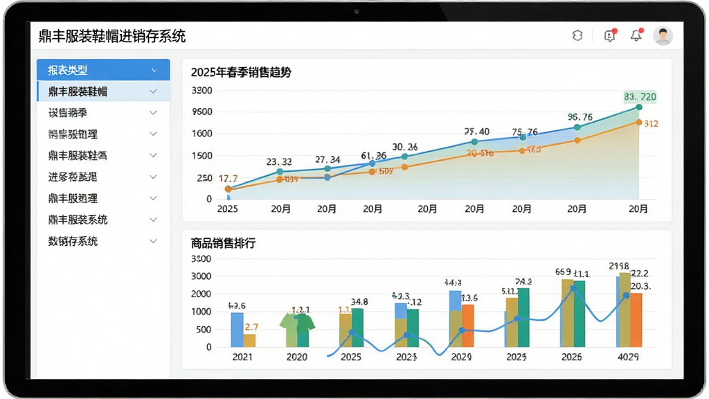 主体:鼎丰服装鞋帽进销存系统的数据分析报表界面,布局:页面以图表为主,左侧为报表类型列表,右侧为销售趋势折线图和商品销售排行柱状图。排版:图表布局合理,颜色搭配协调,数据标签清晰。风格:现代数据可视化风格,背景为白色,图表色彩鲜艳。细节:屏幕中显示“鼎丰服装鞋帽进销存系统”,图表展示“2025年春季销售趋势”。画质:高清,干净,无多余元素。