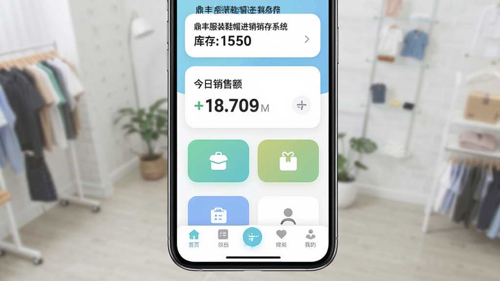 主体:鼎丰服装鞋帽进销存系统在手机上的操作界面,布局:手机屏幕中显示软件主界面,底部有导航栏,顶部显示库存数量。排版:界面简洁,按钮大而清晰,适合触控操作。风格:移动端UI设计,圆角卡片式布局,色彩清新。细节:屏幕中显示“鼎丰服装鞋帽进销存系统”,并显示“今日销售额”数据。画质:高清,干净,无多余元素。