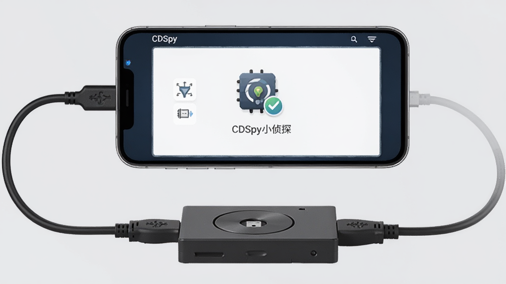 主体为一张智能手机连接外接光驱的图片,屏幕显示CDSpy光盘小侦探的移动版界面,界面简洁。布局为手机居中,光驱在下方。风格为现代科技感,背景为浅灰色。细节包括数据线连接、屏幕图标。画质清晰,无多余元素。
