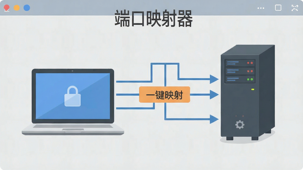 显示端口映射器软件操作流程的示意图,画面包含一台笔记本电脑和一台服务器,中间用箭头和网络线条连接,突出
