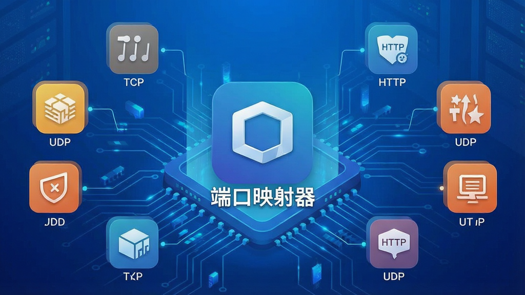 一张端口映射器软件功能展示图,画面中央是软件图标,周围环绕着TCP、UDP、HTTP等协议图标,背景为渐变蓝色,科技感十足,布局饱满,风格现代,细节丰富,画质清晰,无多余元素,标注有