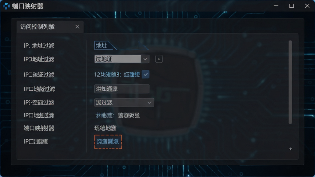 展示端口映射器软件安全防护功能的界面截图,画面中显示访问控制列表设置面板,带有IP地址过滤选项,背景为深色科技风格,界面简洁,重点突出,细节清晰,画质干净,无多余元素,带有