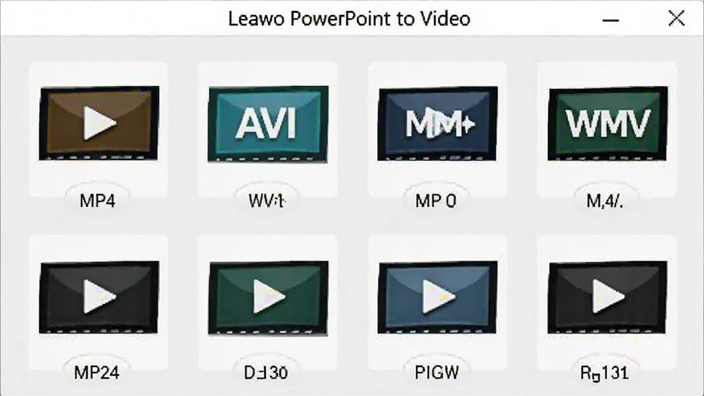 һ��չʾ Leawo PowerPoint to Video �����ʽѡ������ͼƬ�����������ж�����Ƶ��ʽͼ�꣬�� MP4��AVI��WMV������Ϊǳ��ɫ��ͼ��ɫ������������ɾ����࣬���ֱ�ע��Leawo PowerPoint to Video������
