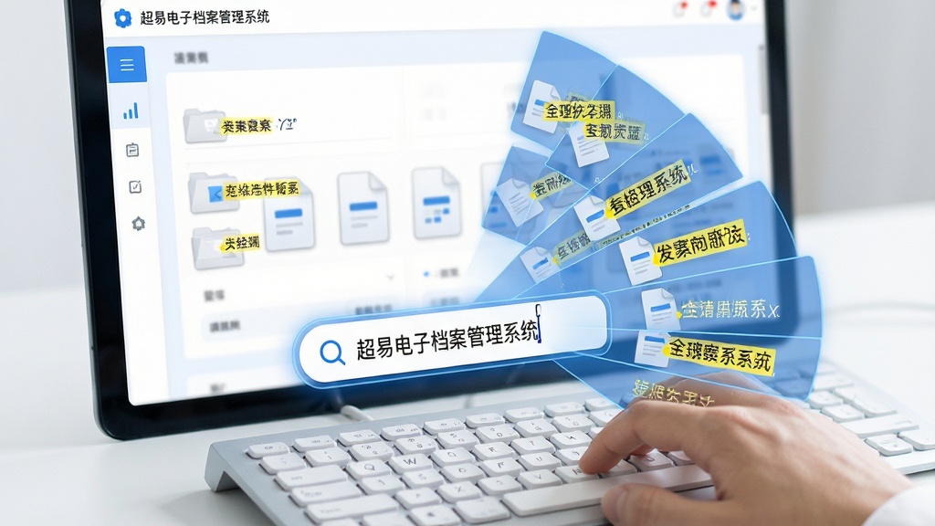 超易电子档案管理系统界面中的搜索框特写,键盘输入关键词后屏幕浮现放射状结果列表,主色调为白色与蓝色,布局居中对称,风格科技感,细节包含文件缩略图与命中词黄色高亮,画质细腻干净,无多余元素