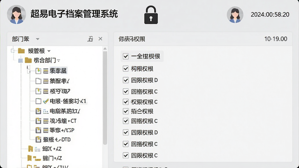 超易电子档案管理系统的权限管理面板,左侧为部门树,右侧为勾选权限的复选框,顶部有安全锁图标,背景浅灰,布局规整,风格严谨,细节包含用户头像与时间戳,画质清晰干净,无多余元素