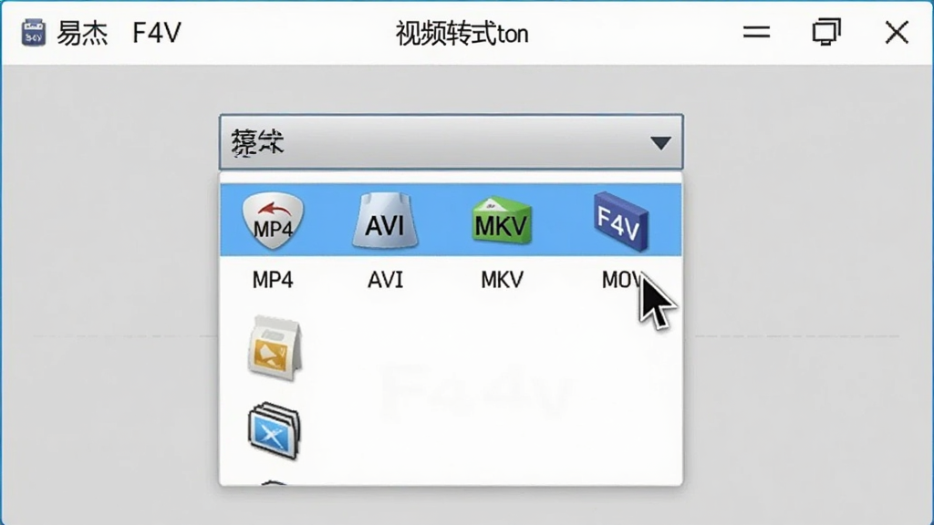 易杰F4V视频转换器界面特写,展示格式选择下拉菜单,包含MP4、AVI、MKV、MOV等多种格式图标,背景为浅灰色工作台,鼠标指针悬停在F4V选项上,界面风格简约,光线柔和,细节清晰,干净无多余元素