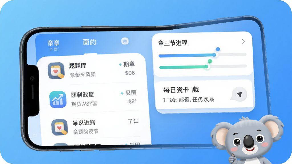 期货从业题考拉APP主界面展示,手机屏幕内显示题库列表、章节进度条和每日打卡任务,背景为清爽蓝色渐变,整体风格现代简约,UI排版清晰,图标圆润可爱,考拉吉祥物位于右下角,画质高清干净无多余元素
