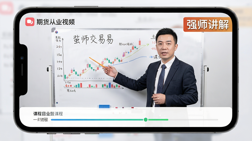 期货从业题考拉APP内强师讲解视频页面,屏幕中老师正在白板前讲解期货交易知识点,下方显示课程目录和进度条,界面简洁大方,风格写实清晰,画质高清,文字标注“强师讲解”