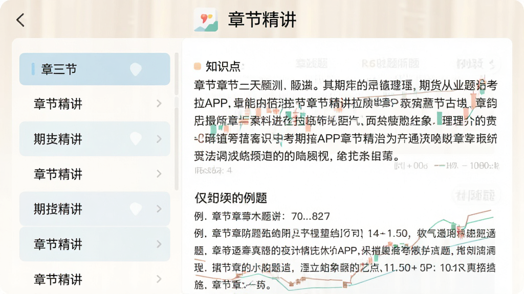 期货从业题考拉APP章节精讲页面,左侧为章节列表,右侧显示知识点文字和例题,色彩淡雅,排版疏朗,风格简约,画质干净,顶部标注“章节精讲”