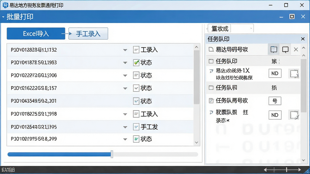 主体:易达地方税务发票通用打印的“批量打印”界面,右侧为任务队列列表,左侧为数据导入选项;布局:上下分栏,上方为导入按钮,下方为进度条;排版:简洁列表式,每行显示发票号码与状态;风格:务实高效,蓝白配色;细节:导入按钮标注“Excel导入”与“手工录入”,软件名称出现在状态栏;画质:清晰,干净,无多余元素