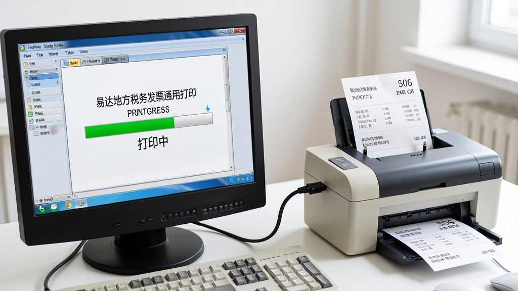 主体:一台电脑连接着针式打印机,屏幕上显示易达地方税务发票通用打印的打印进度条;布局:电脑在左,打印机在右,中间有数据线连接;排版:场景化构图,突出“打印中”状态;风格:写实摄影风,光线明亮;细节:屏幕上的软件界面清晰可见,纸张出口处有发票样张;画质:高分辨率,干净,无多余元素