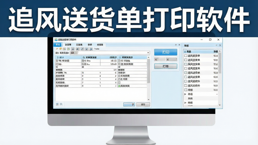 一张展示追风送货单打印软件主界面的电脑截图,界面清晰显示送货单编辑区域、打印预览按钮和单据列表,整体风格简洁商务,布局规整,色彩以浅蓝和白色为主,画质干净,无多余元素,软件名称“追风送货单打印软件”在界面顶部醒目显示