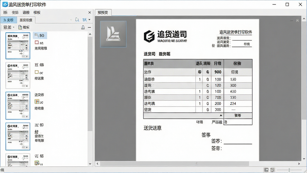 一张展示追风送货单打印软件智能打印模板的界面截图,左侧为模板列表,右侧为预览区域,显示一张完整的送货单样式,包含公司抬头、表格明细、签字栏等,排版整齐,风格简洁商务,画质清晰,软件名称“追风送货单打印软件”出现在界面标题栏