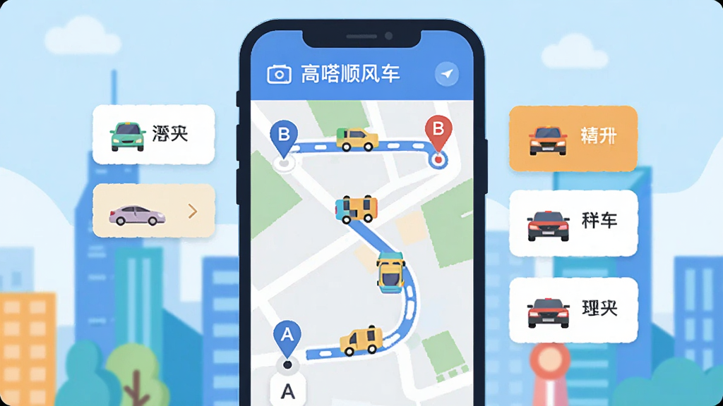 һ����ƽ�����Ĳ廭������Ϊ�����˳�糵����·�߹滮���ܣ�����������һ���ֻ����棬��������ʾ�Ŵ�A�㵽B��ĵ�ͼ·�ߣ�·���Ϸֲ���С��ͼ�꣬�Ա��в�ͬ���͵ı�ǩ��Ƭ�������Ǽ�Լ�ĳ���������ɫ�����죬���岼��������ͻ�������ص㣬���ʸɾ���
