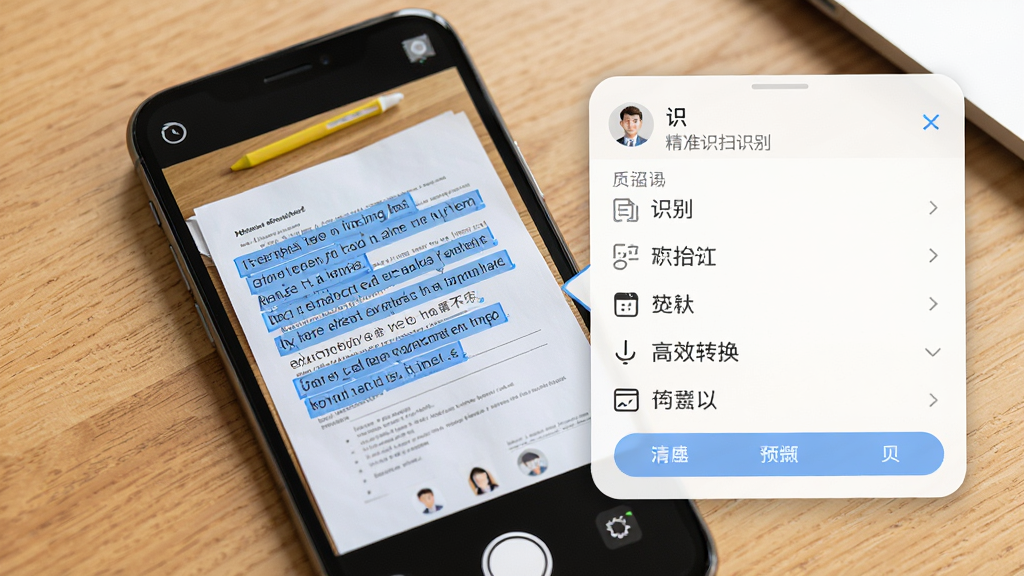 精准识扫软件的文字提取功能预览图,手机屏幕显示拍摄的文档照片上,文字被蓝色高亮框选中,并弹出识别结果面板,界面直观,背景为木质桌面,光线明亮,构图清晰,突出精准识别与高效转换的特点,画质干净。