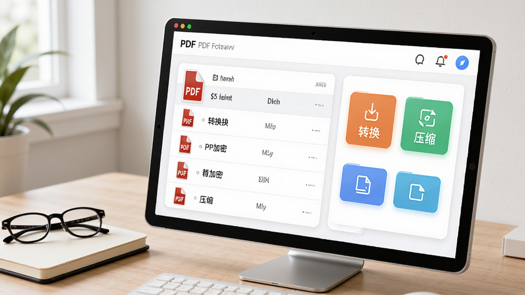 精准识扫软件PDF处理功能界面示意图,屏幕上展示着PDF文件列表及转换、加密、压缩等操作按钮,界面采用卡片式布局,色彩清新,背景为简约的书桌一角,放有笔记本和眼镜,整体风格商务且整洁,强调功能性与安全性,画质高清。