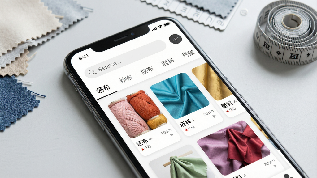 一张现代智能手机屏幕特写,屏幕中清晰显示“领布”App的主界面,界面顶部有搜索栏和分类导航,中部展示纱线、坯布、面料等彩色商品卡片,布局清爽,背景为浅灰色工作台,桌面上放有少量布料样品和一把卷尺,整体风格专业、明亮、干净,画质高清,无多余杂物