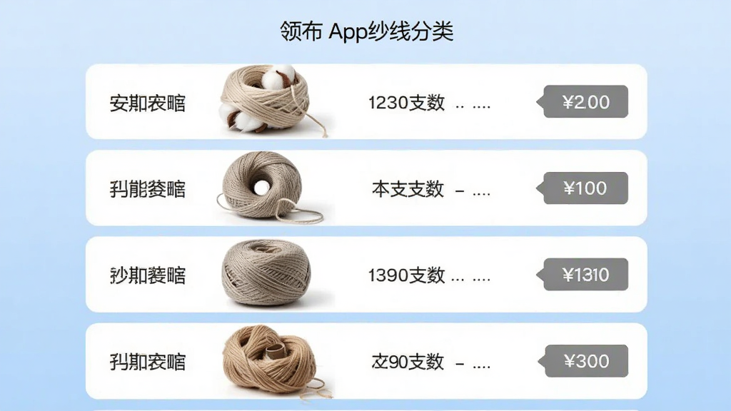 领布App纱线分类页面截图风格,页面以列表形式展示多种纱线产品,每项包含名称、支数、价格标签,背景为淡蓝色渐变,配有棉纱线团的实物照片,布局整齐,文字清晰,风格简洁商务,画质细腻,无多余元素