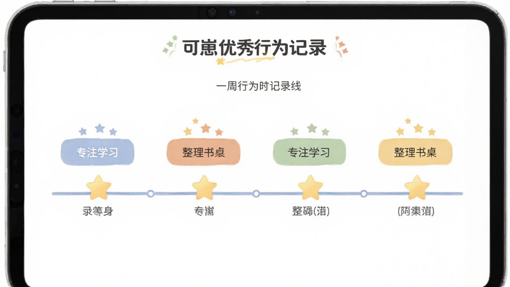 可崽优秀行为记录页面,展示一周行为时间线,包含“专注学习”“整理书桌”等标签,配以星星奖励图标,界面简洁清晰,色彩柔和,画质干净